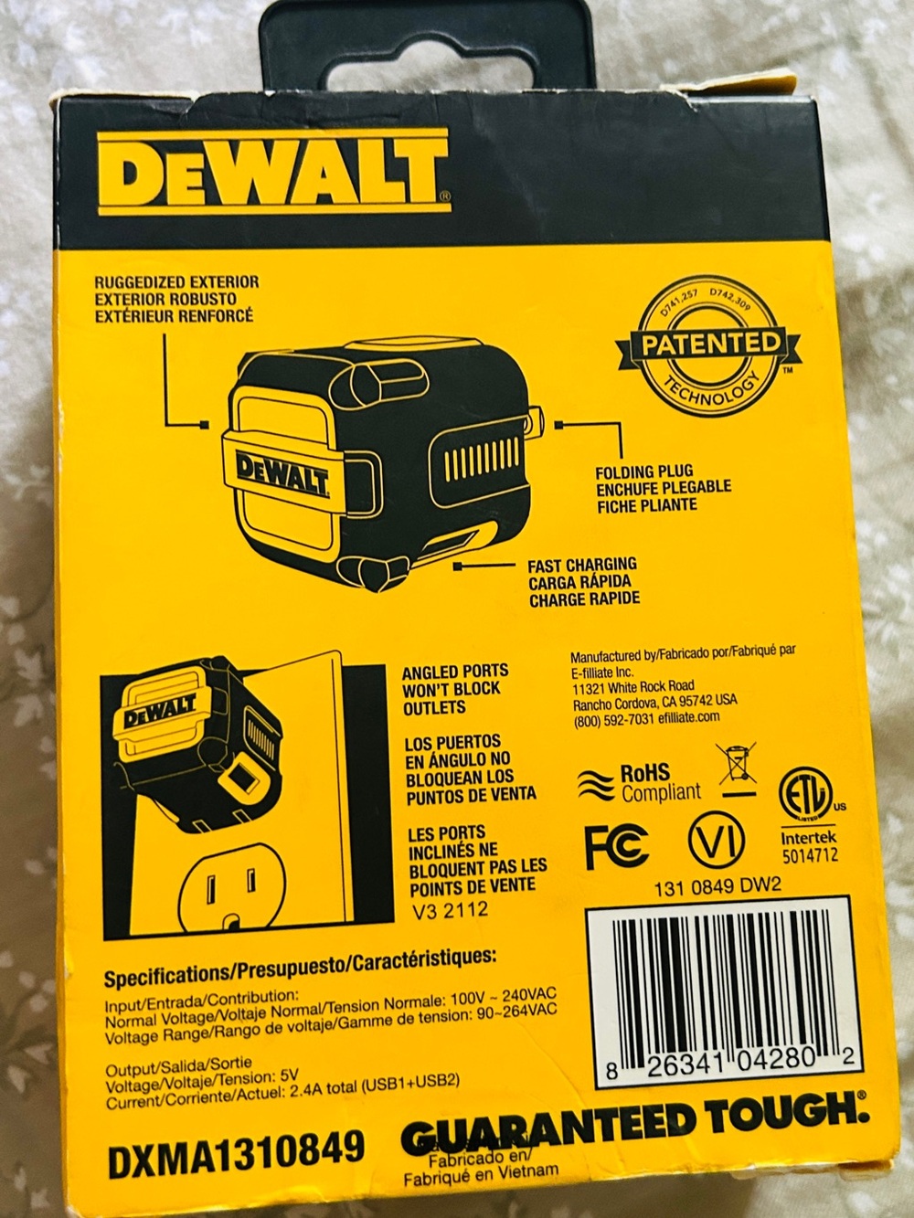 DEWALT NeverBlock 2-Port USB Charger - 2 Port Worksite. Yellow/Black - Picture 2 of 3
